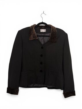 Kasper Black Blazer with Leopard-Print Collar and Cuff size 14